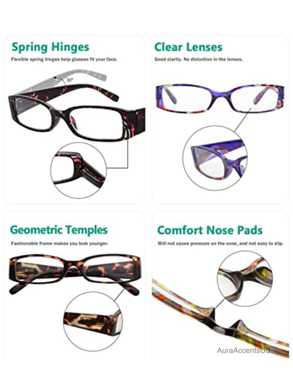 4-Pack Spring Hinge Rectangular Reading Glasses +1.75 - Picture 4 of 5